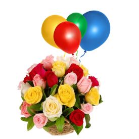 Mix Roses Basket With Balloon